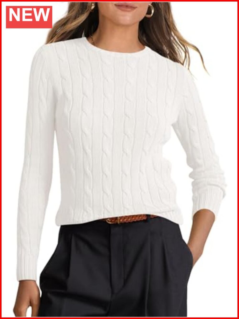 Cable Knit Sweater Women's Slim Fit Long Sleeve Crew Neck Pullover